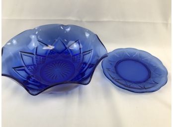 Beautiful Cobalt Bowl And Blue Depression Glass Plate