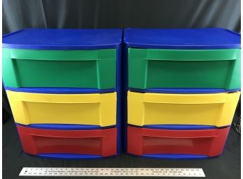 2 Sterilite Three Drawer Colorful Children’s Storage Bins