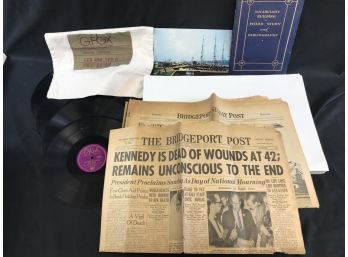 Lot, 4 Records, G Fox Bag, Newspaper From 1958 In 1968, Postcard, 17 X 11 Paper