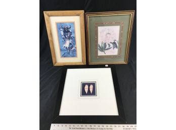 3 Framed Pictures Hopi Katching Dancer American Indian, Paonia Flower