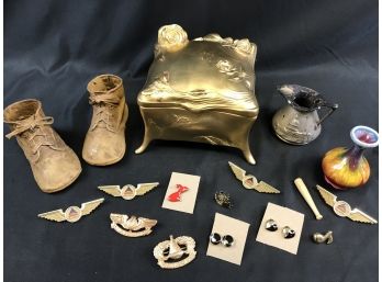 Misc Lot, Gold Metal Box, Lapel Pins, Small Vase, Metal Souvenir DC Vase