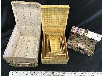 3 Storage Boxes, 6 Tiered Yellow With Lids, Large Floral Box, Medium Handbag  With Handle