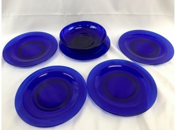 5 Colbalt Glass Plates And One Colbalt Bowl