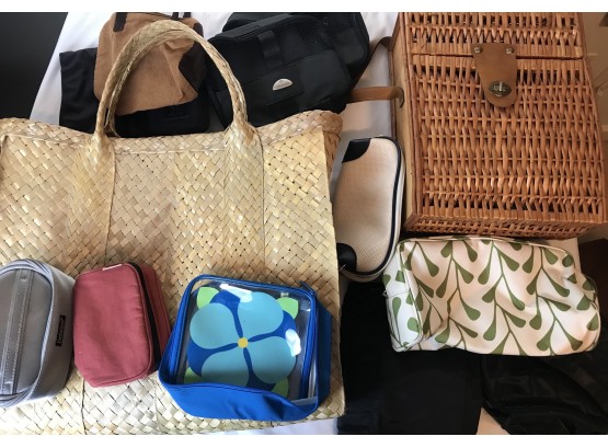 Assorted Bags In Woven Straw Tote