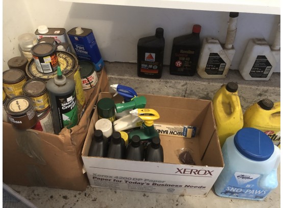 Assorted Wood Stains, Paint Supplies, Motor Oil, Ice Melter.