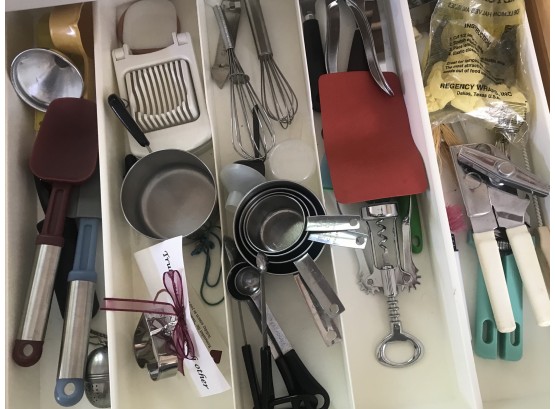 Contents Of Kitchen Drawer With Measures Mixing Spatulas, Openers