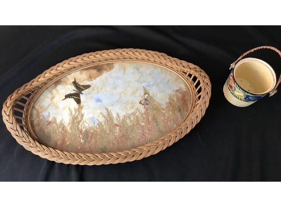 Vintage Wicker Wood Butterfly Tray/ceramic Bucket