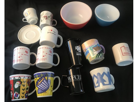 Assorted Mugs And Pyrex Bowls.