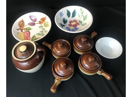 Bean Pot, Handled Crocks, Ceramic Bowls.