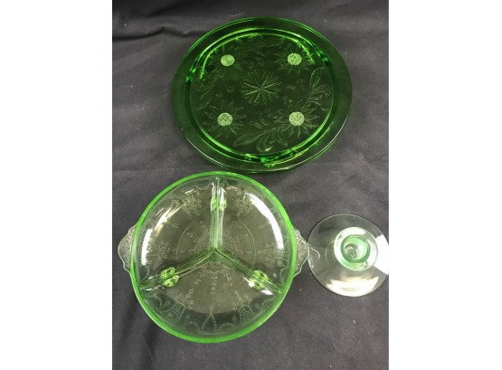 Three Pieces Of Green Depression Glass