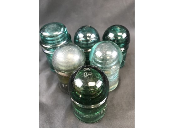 6 Vintage Glass Insulators,, Approximately 3 1/4 To 3 3/4 Tall, Brookfield,