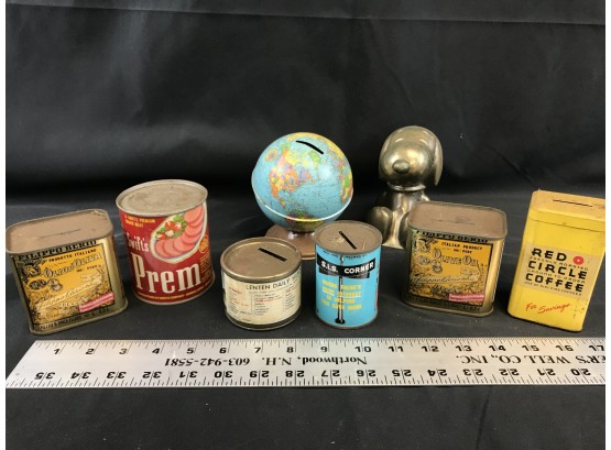 8 Various Product, Religious, Snoopy, Globe,  Tin Banks