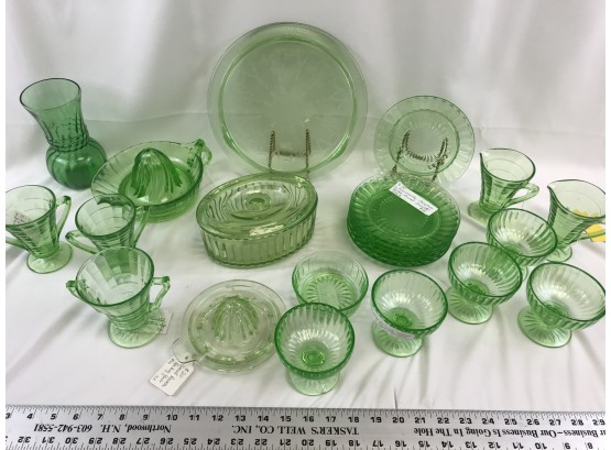 Large Assortment Of Green Vintage Glassware, Depression Glass, Plates, Bowls, Reamers, Vase, Sherbet