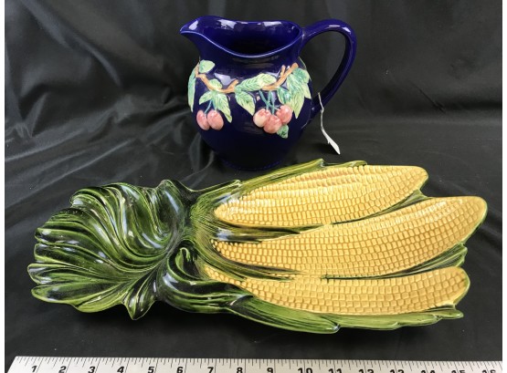 Large Corn Holder, Made In USA And Blue Pitcher  Made In Portugal