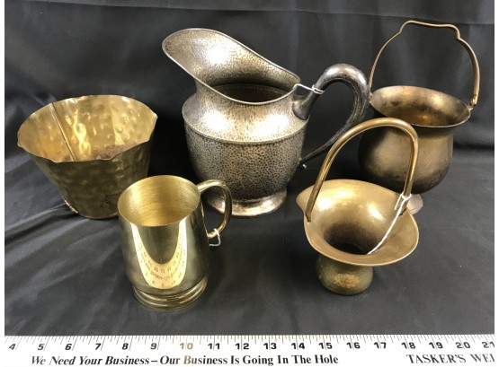5 Brass Items,, Brass Pitcher, Basket, Bucket, Cup
