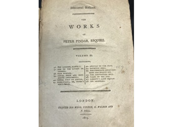 Book Of The Works Of Peter Pindar, 1805, Poor Condition