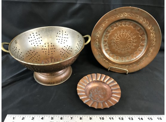 3 Brass And Copper Items, Colander, Copper Ashtray, Old Brass Plate