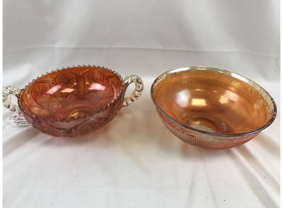 Two Orange Glass Bowls,2 Handled  Star And File Imperial Glass
