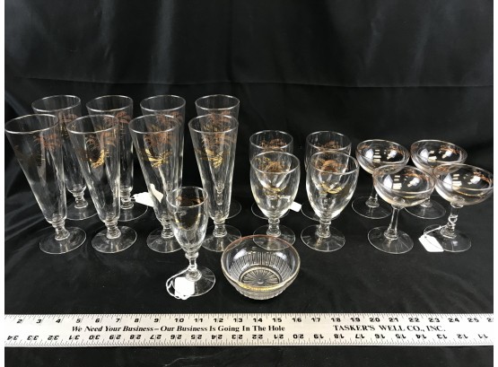 Lot Of Antique Glasses With Golden Wheat Design,includes Champagne, Wine, Sherry, Bowl