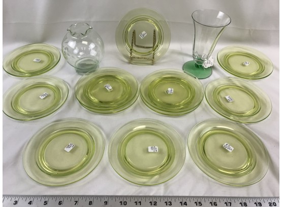12 Uranium Glass Plates/ Goblet/ Rose Bowl