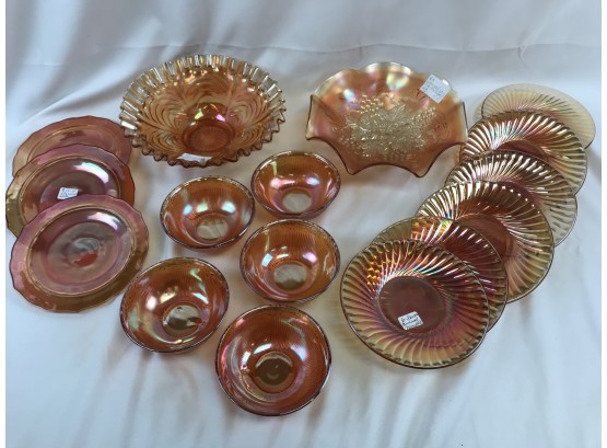 Lot Of Carnival Marigold Color Glass,  Two Large Bowls, Six Saucers, Three Plates, Five Small Bowls