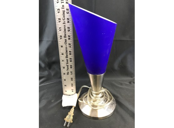 Lamp With Glass Blue Top, Tested And Works 13 1/2 Inches Tall