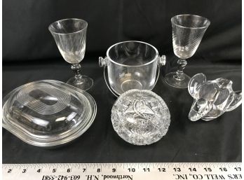 Assortment Of Glassware, Pair Of French Goblets, Mid Century Ice Bucket, Crystal Duck France, Pyrex, Bowl