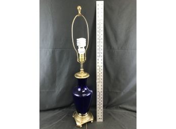 Metal And Blue Glass Lamp, Tested And Works, No Shade