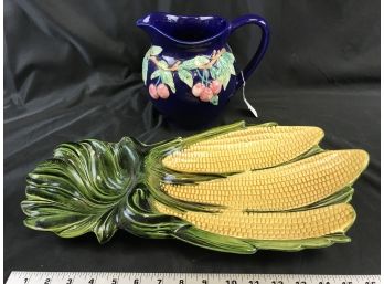 Large Corn Holder, Made In USA And Blue Pitcher  Made In Portugal