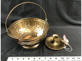 Brass Bowl With Handle And Brass Candle Holder With Butterfly