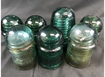 7 Vintage Glass Insulators,, Approximately 3 1/4 To 3 3/4 Tall, Brookfield,