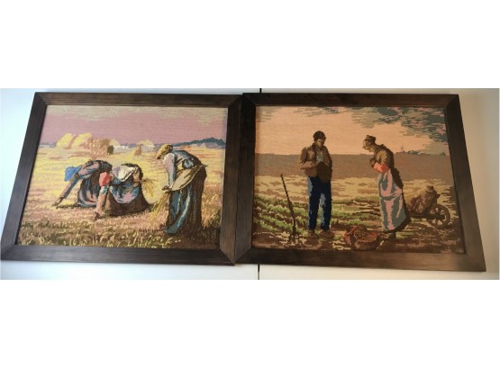 Two Needlepoint Pictures Of Farming With Custom Frames, 1975