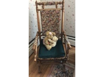 Antique Victorian Rocker With Cushion And Teddy Bears