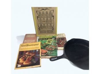 Assorted Cookbooks, Needlework Kitchen Picture, Cast Iron