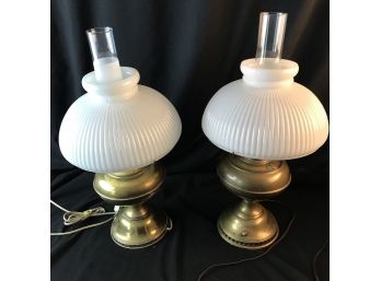 Pair Of Brass And Glass Electrified Lamp