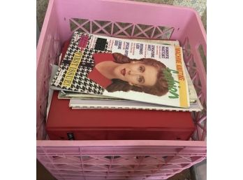 Large Pink Crate Filled With Knitting Magazines And Instructions Books