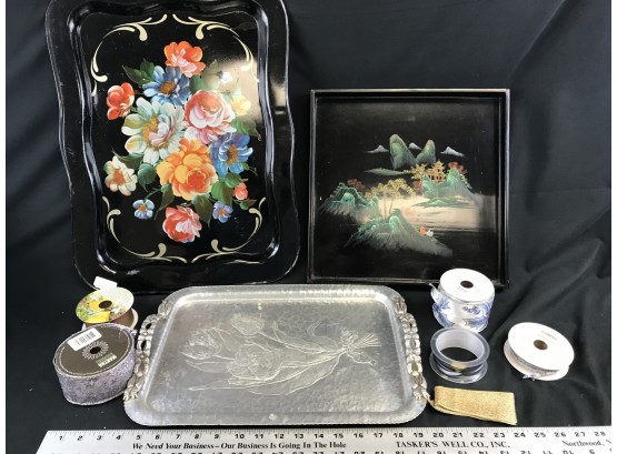 3 Trays And Fancy Ribbon Rolls, Black Lacquer Tray Metal Tray, Metal Rose 2 Handle Hammered Tray