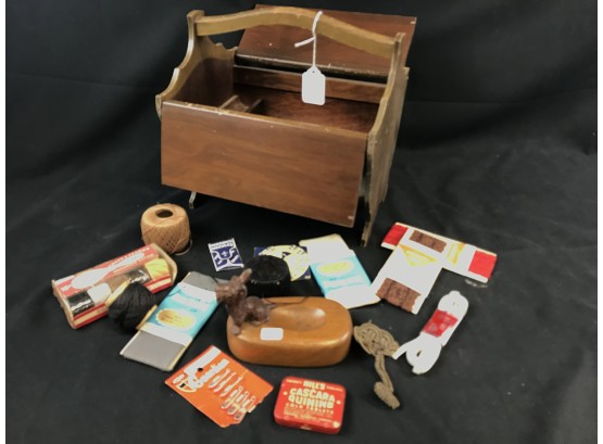 Vintage Wood Sewing Box With Supplies And Wooden Ashtray