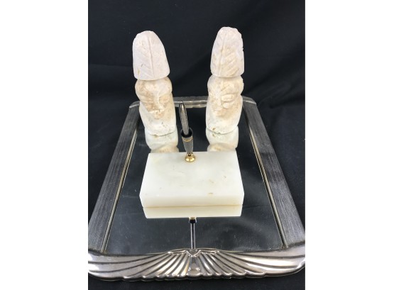 Metal Mirror/tray, 2 Stone Bookends, Marble Pen Holder
