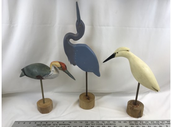 3 Wooden Birds On Stands, Heron, Egret