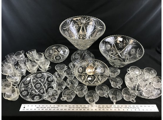 Large Glass 2 Tier Punch Bowl Serving Set With Many Additional Bowls And Cups And Trays