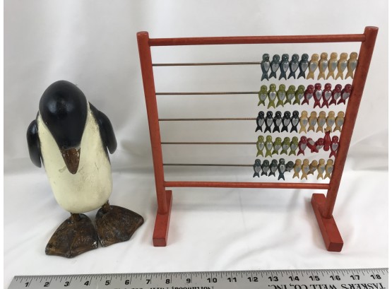 Bird Abacus And Wood Penguin Statue