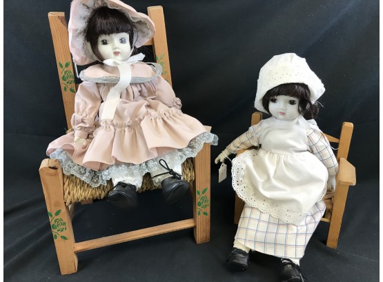 2 Vintage Dolls With Wood Chairs. Victorian And Modern Prairie
