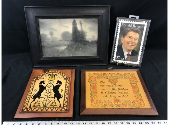 4 Pictures, Wood Pennsylvania Dutch With Horses And Plaque, Ronald Reagan, Antique Black And White Picture