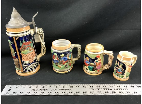 4 German Steins, One With Pewter Top