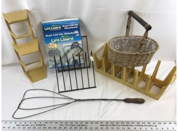 Miscellaneous Lot, Dryer Lint Vac Attachment, Rug Beater, Basket With Wood Handle, File Holder