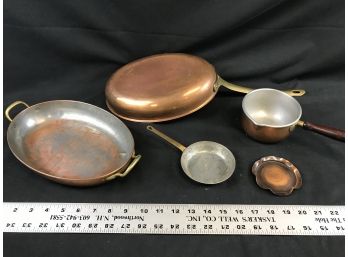 5 Copper Items, Skillet, Mini Pan, Wood Handle Bowl, 2 Handle Tray,pin Tray
