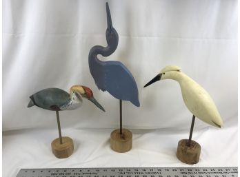 3 Wooden Birds On Stands, Heron, Egret