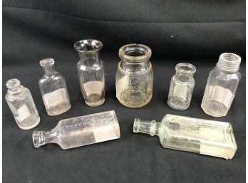 8 Antique Or Vintage Glass Bottles, Five Cent Deposit Borden’s, 2 Pharmacy Bottles From Hartford CT
