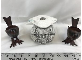 Metal Bird Candleholders And Heavy Old Man Candle Stick Holder